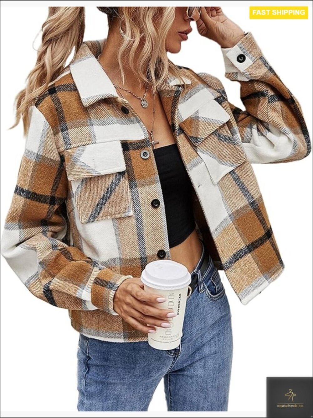 Cropped Plaid Shacket Long Sleeve Button Down Jacket Coat